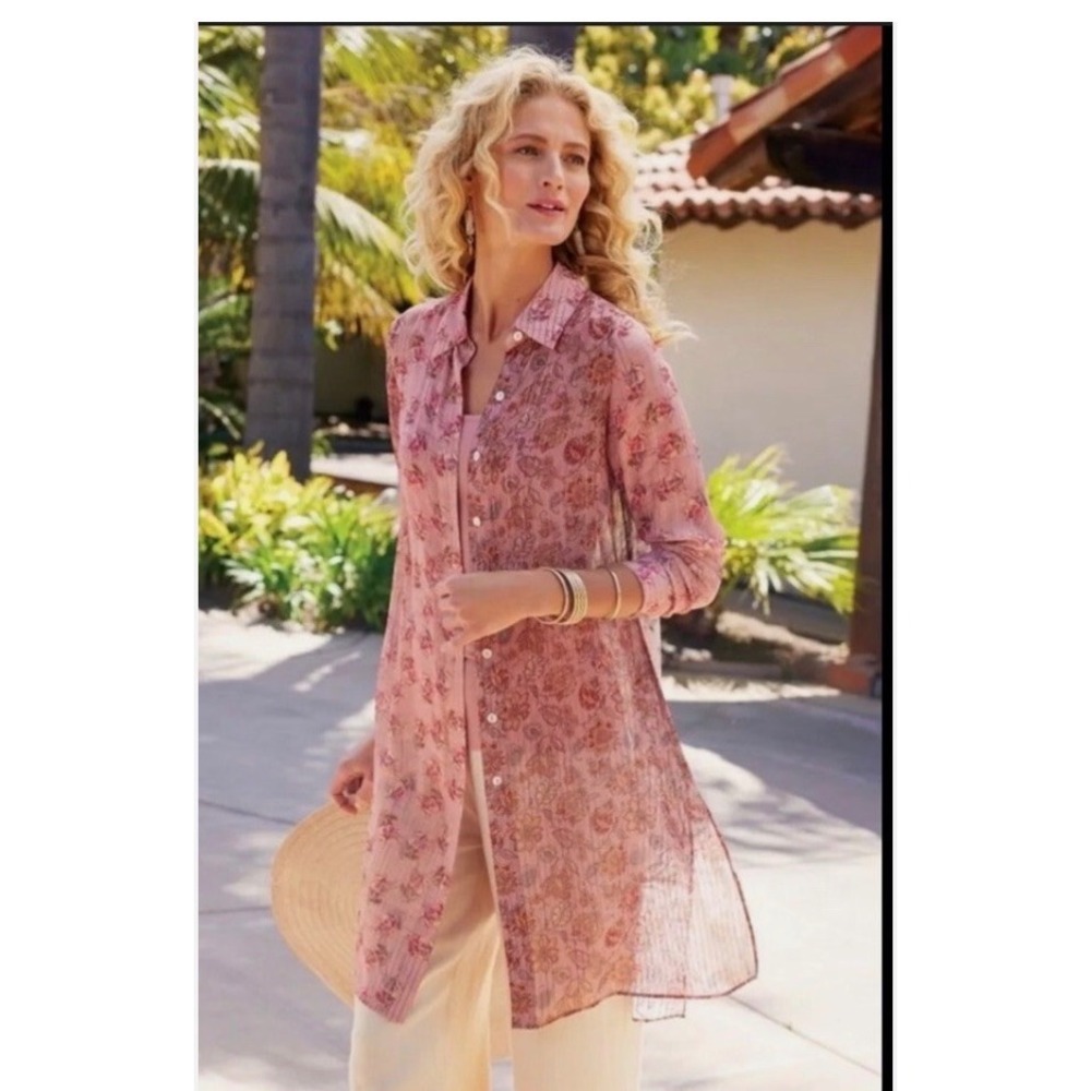 Soft Surroundings Miranda Long Sleeve Button Up Tunic Floral Metallic Sheer Sz L